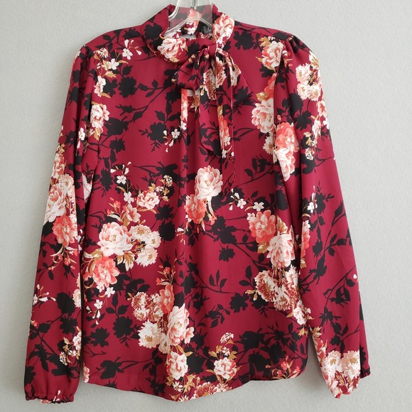 Cure. Tops - CURE. Womens M Blouse Burgundy Floral Tie Neck Long Sleeve Career Top M4-2924